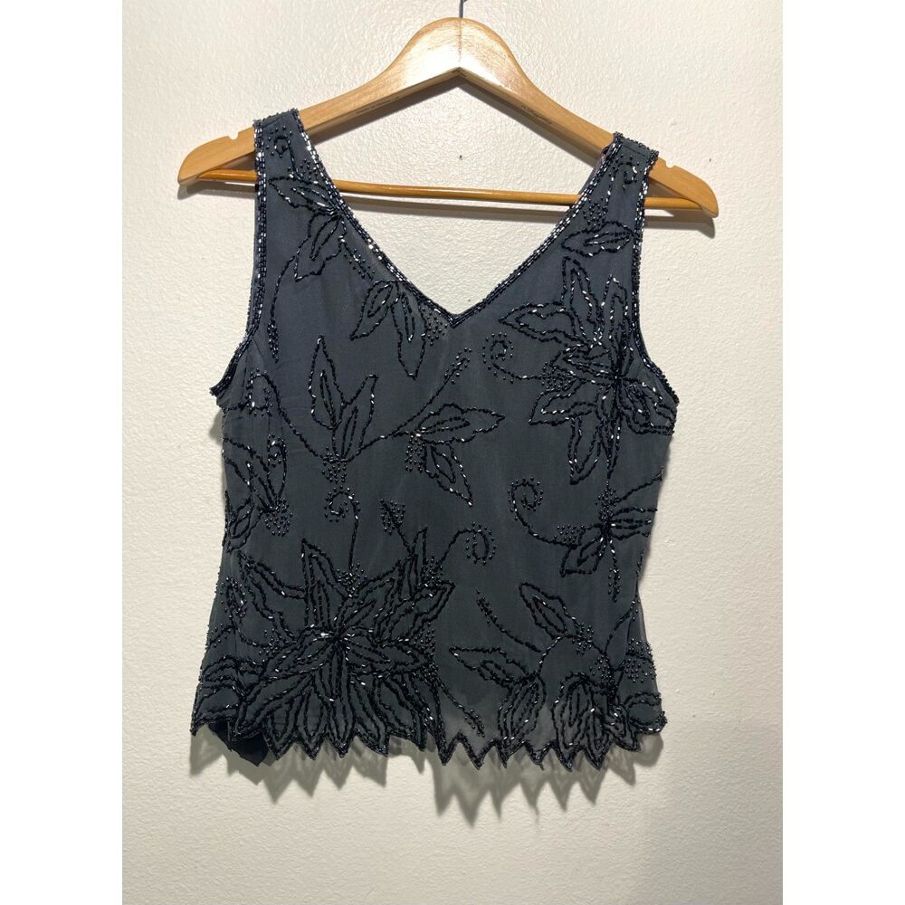 JKara top VTG beaded embroidered festive holidays glam cami gray party women 8p